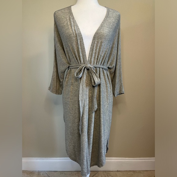 Silver Mid-length Open Front Sweater with Belt - Picture 2 of 10
